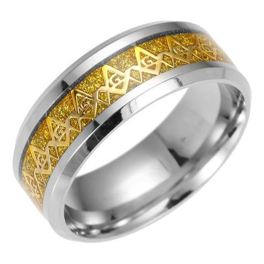 Silver Coated Stainless Steel with Black Carbon Fiber Inlay and Elegant Masonic Ring