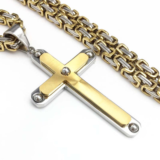 Gold Cross 316L Stainless Steel Byzantine Chain Pendant Necklace