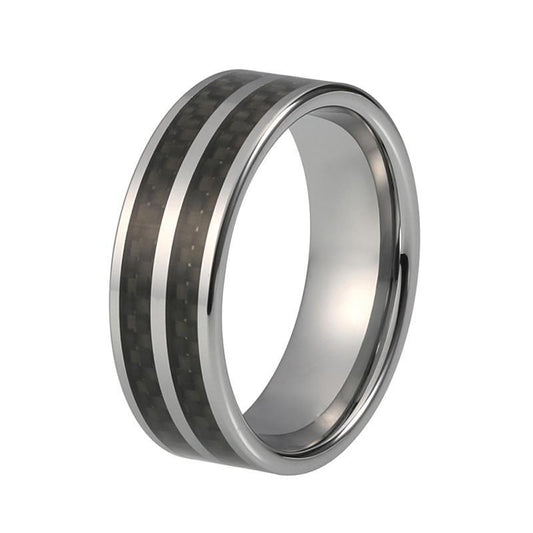 8mm Black Polished Basket Weave Wooden Inlay with Silver-Tungsten Carbide Wedding Ring - Innovato Store