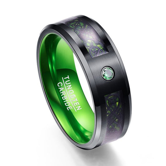 Green Dragon Inlay Tungsten Carbide Wedding Band with Green Zircon Stone - Innovato Store