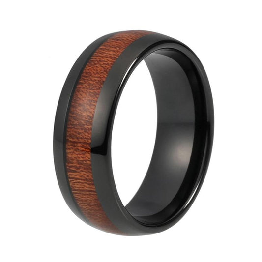 8mm Black Tungsten Carbide with Dark Polished Koa Wood Inlay Ring - Innovato Store