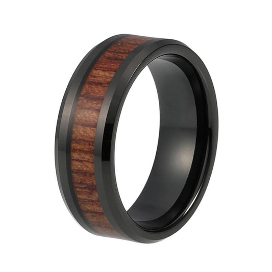8mm Black Tungsten Carbide with Dark Brown Koa Wood Inlay Wedding Ring - Innovato Store