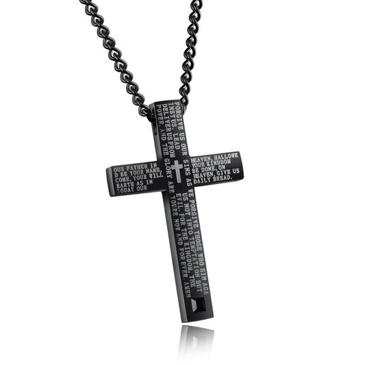 Stainless Steel Engraved Lord’s Prayer Cross Pendant Necklace