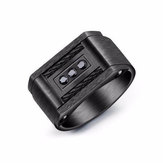 11mm Stainless Steel Black Signet Men’s Cocktail Ring with Cable and Crystal Inset - Innovato Store