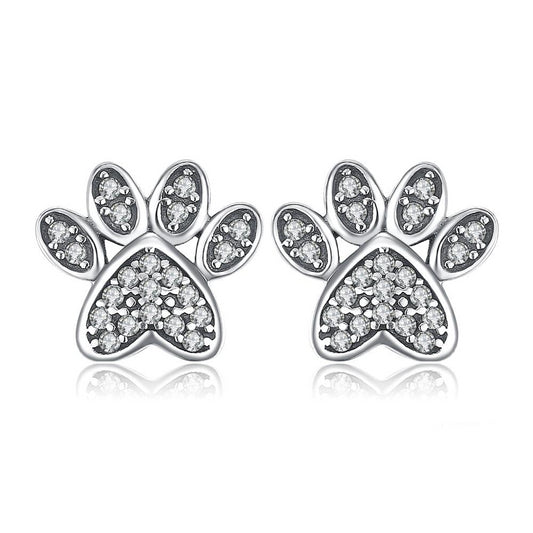 925 Sterling Silver Vintage Dog Paw Fingerprint Cubic Zirconia Stud Earrings - Innovato Store