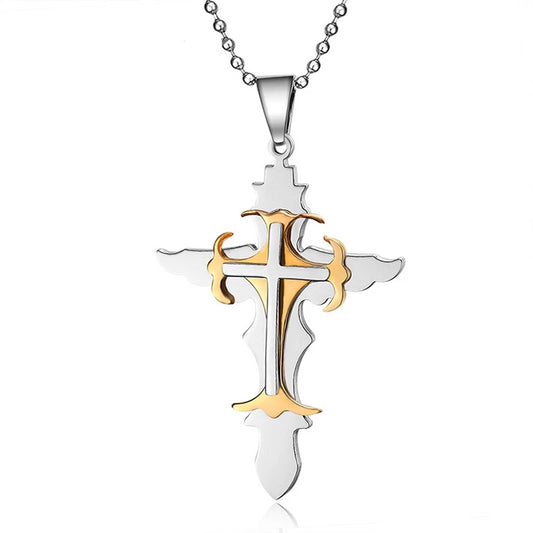 Multi-Layer Gold & Silver Cross Pendant Necklace