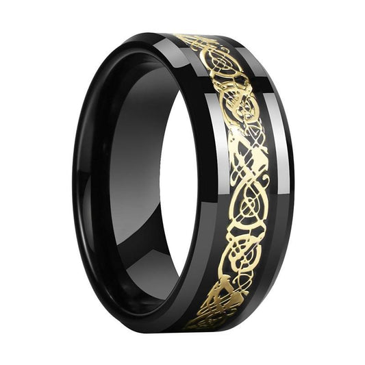 Gold Plated Dragon Inlay on Black Tungsten Carbon Fiber Wedding Ring - Innovato Store