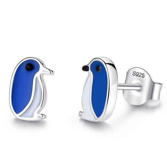 Cute Penguin 925 Sterling Silver Blue Enamel Earrings for Girls - Innovato Store