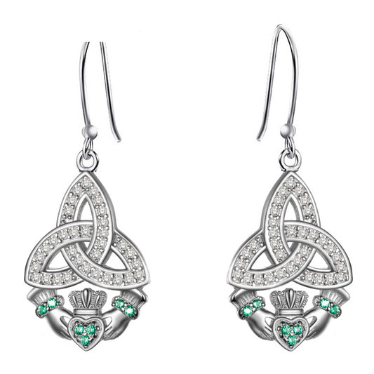 925 Sterling Silver Celtics Knot Green Cubic Zirconia Dangling Earrings