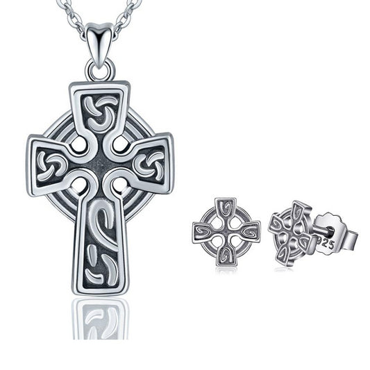 925 Sterling Silver Celtics Knot Cross Pendant Necklace and Stud Earring Jewelry Set
