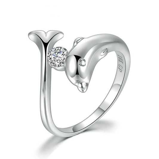 18K White Gold Plated Ring with Dolphin and Cubic Zirconia Stone - Innovato Store