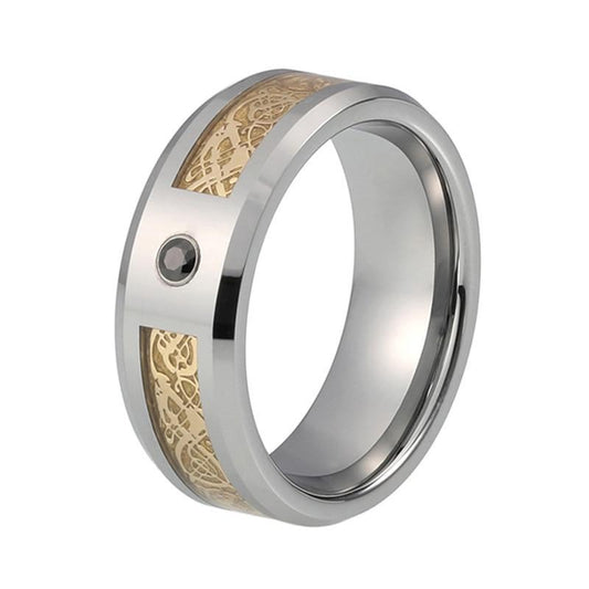 Silver Plated Ring with Gold Tone Dragon Inlay and Black Gem