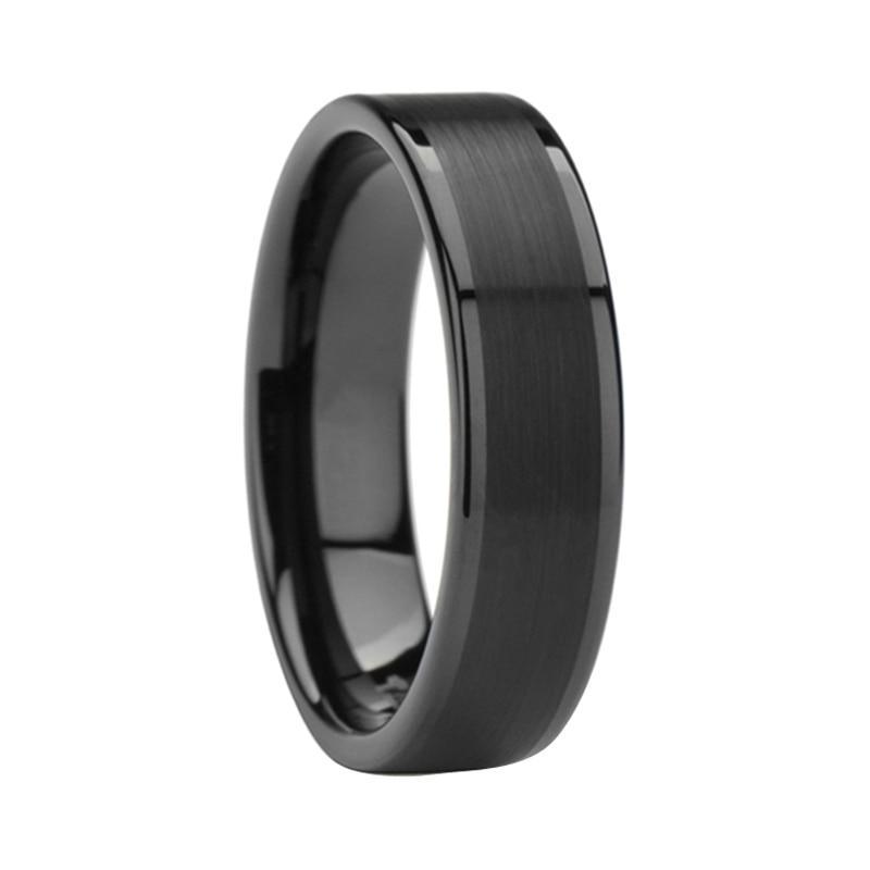 6mm Black Polished Pipe Cut Tungsten Carbide Ring with Brushed Center