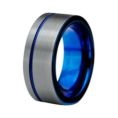 10mm Unisex Blue Plated Tungsten Carbide Wedding Band with Offset Line Silver Coated Brushed Edges - Innovato Store