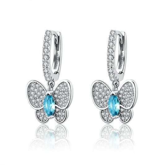 925 Sterling Silver Dazzling Clear and Blue Cubic Zirconia Butterfly Drop Earrings