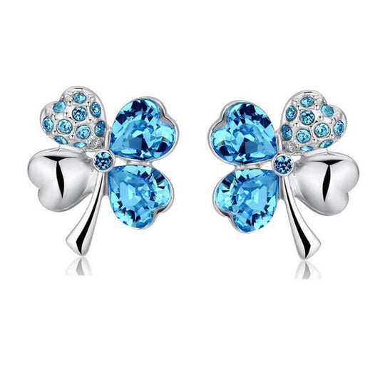 Blue Austrian Crystal Leaf Clover Stud Earrings