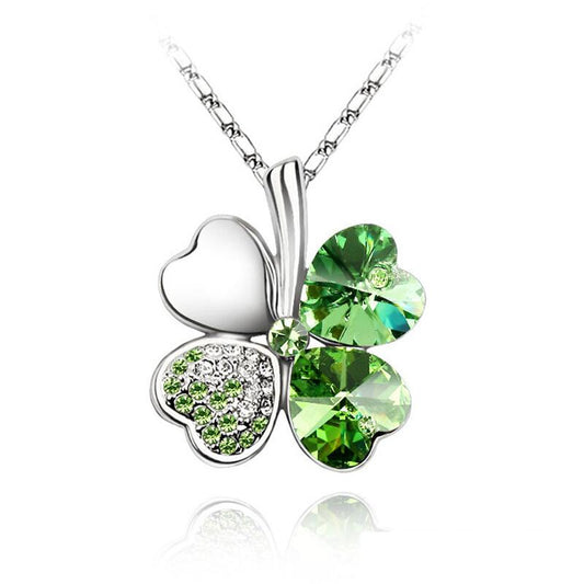 Austrian Crystal and Rhinestones Four Leaf Clovers Pendant Necklace