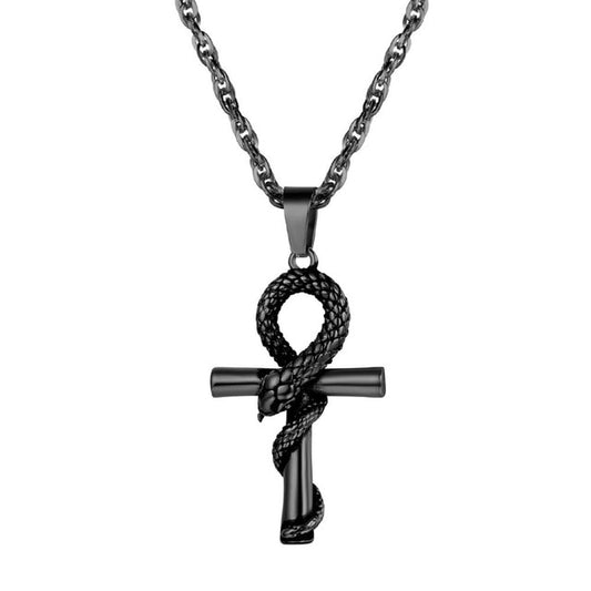 Egyptian Ankh Cross with Snake Pendant Necklace Men’s Jewelry