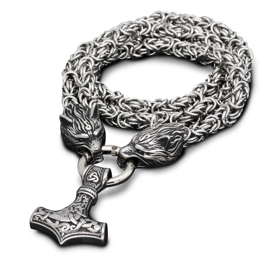 Stainless Steel Wolf Head and Thor's Hammer Pendant Necklace for Men