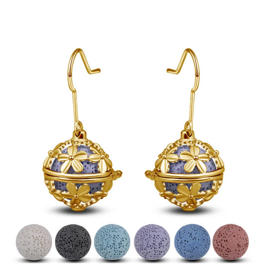 Gold Flower Locket Aromatherapy Lava Stone Dangling Earring