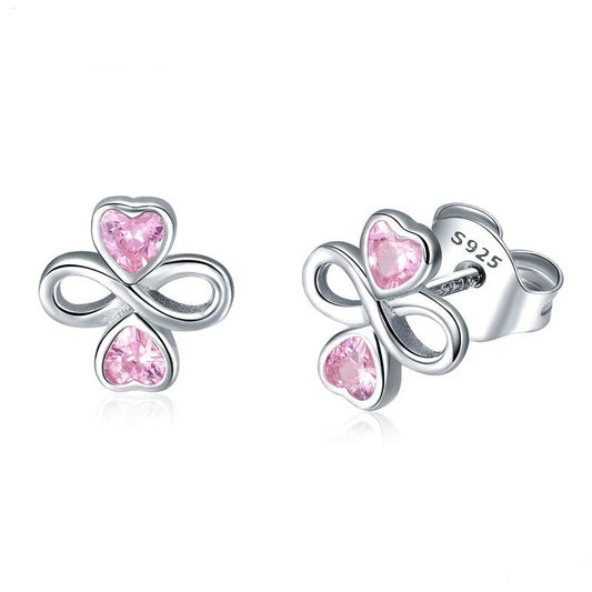 925 Sterling Silver Infinite Heart Clover with Pink Cubic Zirconia Stud Earrings