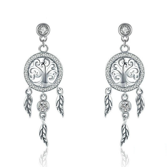 925 Sterling Silver Tree of Life Dream Catcher Drop Earrings