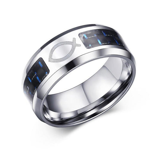 8mm Stainless Steel Blue Carbon Fiber Jesus Fish Ring Men’s Jewelry
