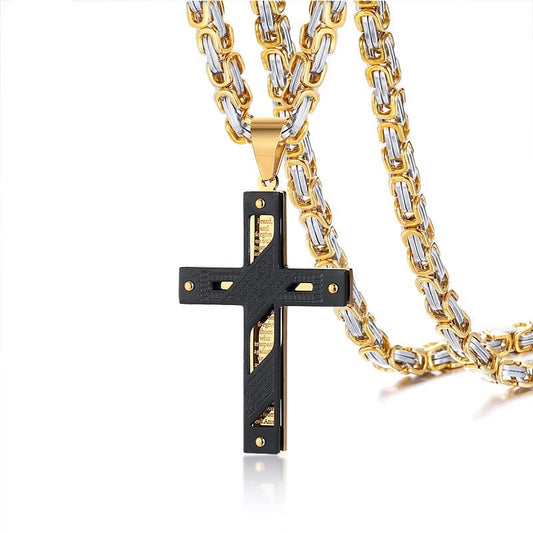 Black & Gold Lord's Prayer Cross Pendant with Byzantine Link Chain Necklace