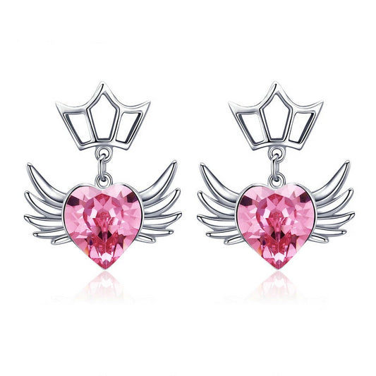 925 Sterling Silver Pink Cubic Zirconia Heart with Wings Stud Earrings