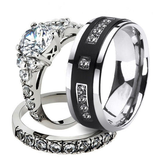 Brushed Matte Tungsten Carbide Band and Cubic Zirconia Wedding Ring Set