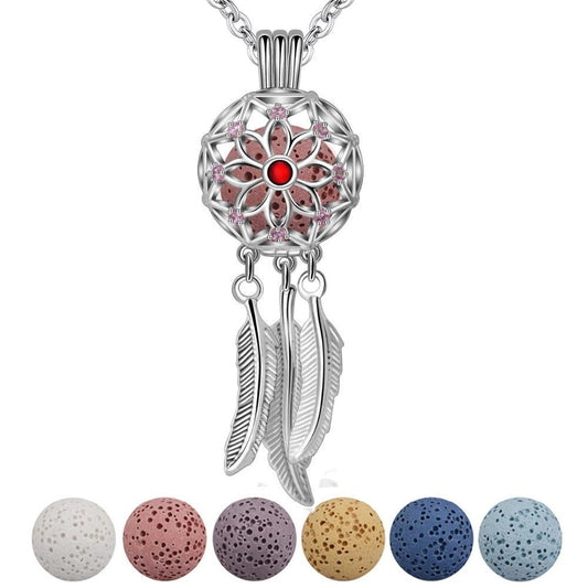 Feather-tasseled Dreamcatcher Essential Oil Ball Locket Pendant Necklace