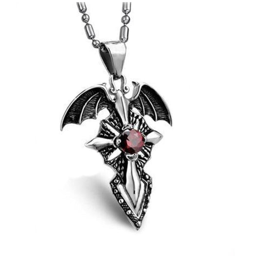 Cross Bat Wings Red Crystal Pendant Necklace