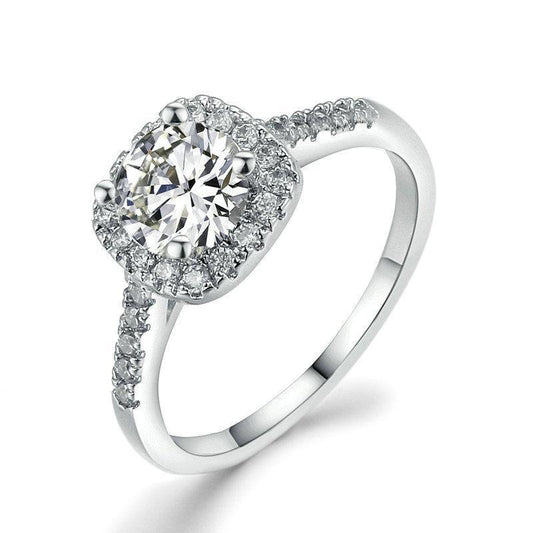White Gold Plated Wedding and Engagement Ring with 20 Small and One Big Central Clear Zircon