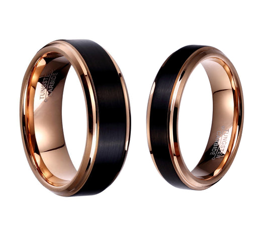 Brushed Matte Black Tungsten Carbide with Rose Gold Plated Edges Wedding Ring Set