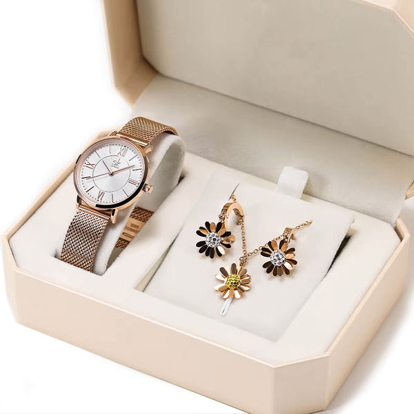 Luxury Quartz Watch, Crystal Necklace & Earrings Jewelry Set