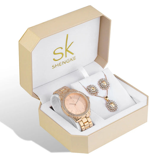 Luxury Quartz Watch, Crystal Necklace & Earrings Jewelry Set