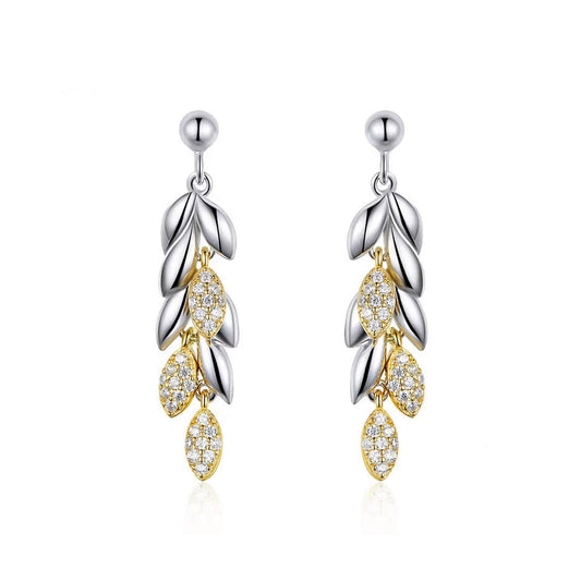 925 Sterling Silver Dangling Leaves Cubic Zirconia Drop Earrings