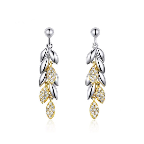 925 Sterling Silver Dangling Leaves Cubic Zirconia Drop Earrings