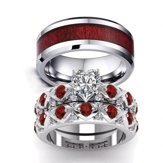 His & Hers Matching Set - Crystal Rhinestones and Red Koa Wood Inlay Engagement Wedding Bands