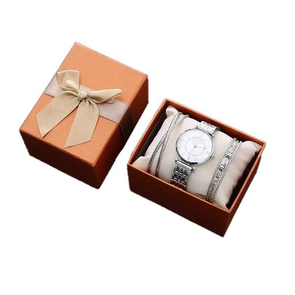 Women's Luxury Quartz Watch & Crystal 3Pcs Bangle Jewelry Set
