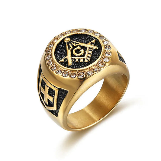 Gold Plated Cross Stainless Steel Masonic Knights Templar Signet Ring for Men