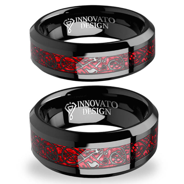 His & Her 6mm/8mm Red Carbon Fiber Black Celtic Dragon Tungsten Carbide Wedding Bands Set