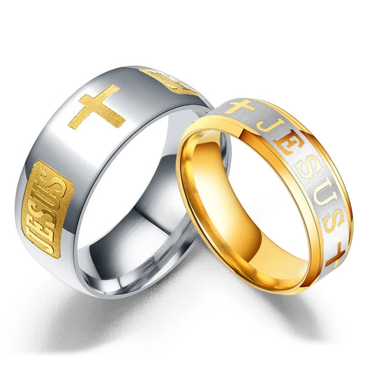 Pious Titanium 8mm Silver and Gold Toned Men’s Christian Jesus Cross Wedding Band