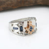 Silver Plated Masonic Ring for Men with Gold Mason Builder Symbol and Two Blue Square Rhinestones