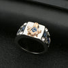 Silver Plated Masonic Ring for Men with Gold Mason Builder Symbol and Two Blue Square Rhinestones