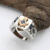 Silver Plated Masonic Ring for Men with Gold Mason Builder Symbol and Two Blue Square Rhinestones