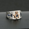 Silver Plated Masonic Ring for Men with Gold Mason Builder Symbol and Two Blue Square Rhinestones