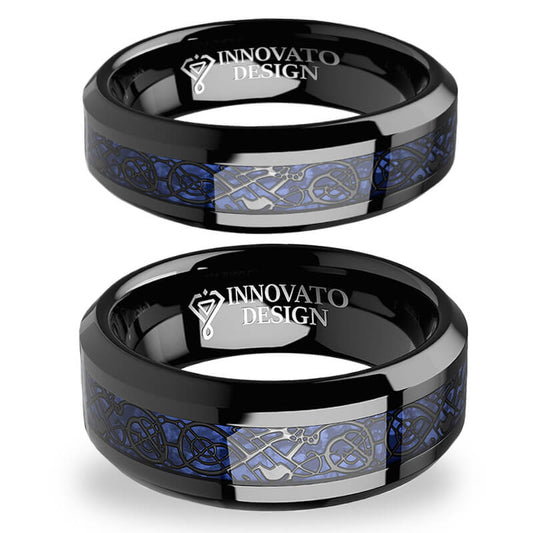 His & Her 6mm/8mm Celtic Dragon Blue Carbon Tungsten Carbide Wedding Bands