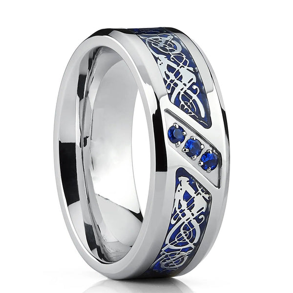 Titanium Wedding Band with Carbon Fiber and Blue Cubic Zirconia with Dragon Design and Gem stones