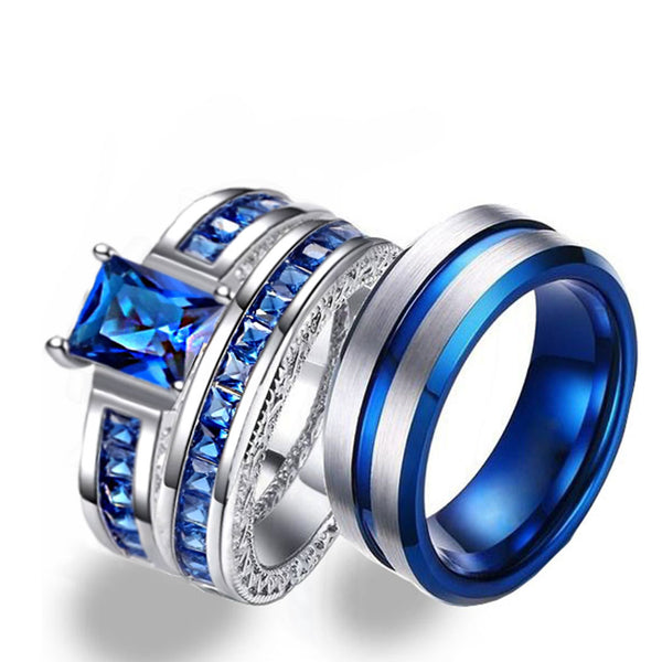 Blue & Silver Wedding Set - Square Cubic Zirconia and Tungsten Carbide Engagement Bands